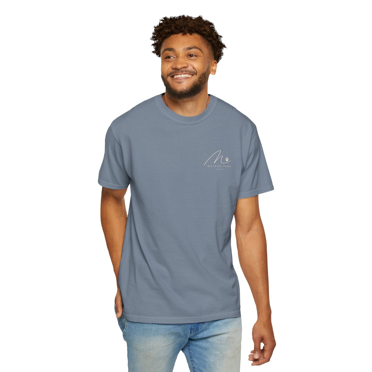 Less People More Dogs Tee in Blue Jean, front view worn by a man in studio