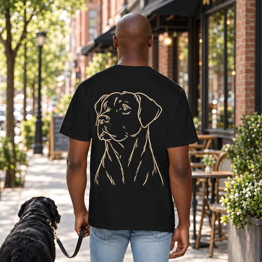 Minimalist Dog Line Art Tee in Black, back view worn by a man outdoors