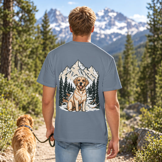 Mountain Adventure Tee in Blue Jean, back view worn by a man outdoors