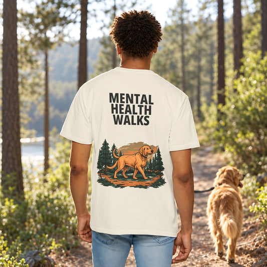 Mental Health Walks Tee in Ivory, back view worn by a man outdoors