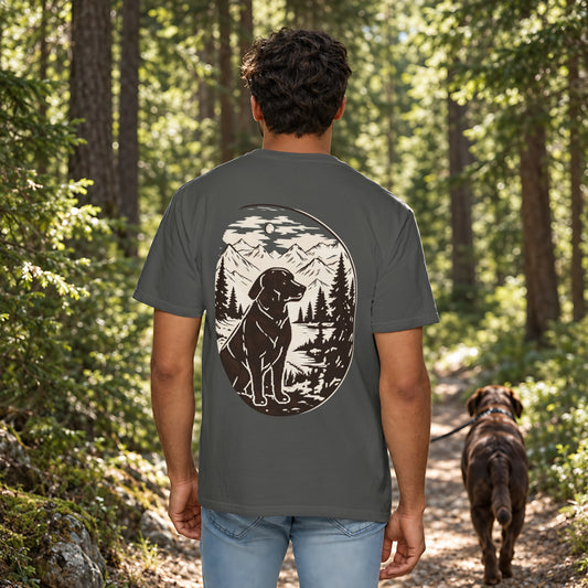 Forest Trail Tee in Pepper, back view worn by a man outdoors