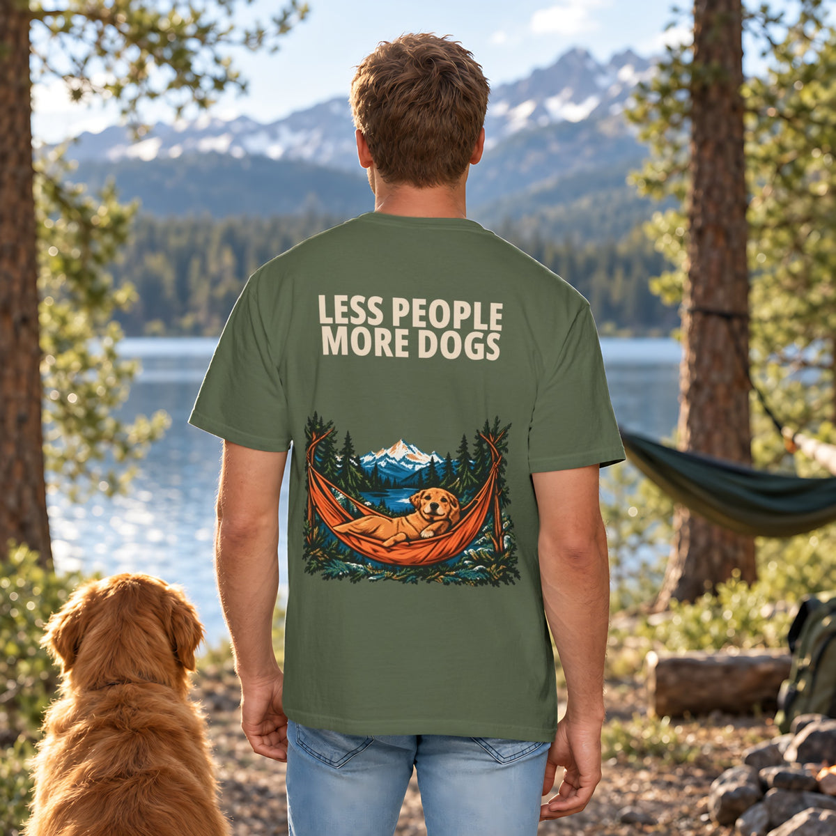 Less People More Dogs Tee in Sage, back view worn by a man outdoors