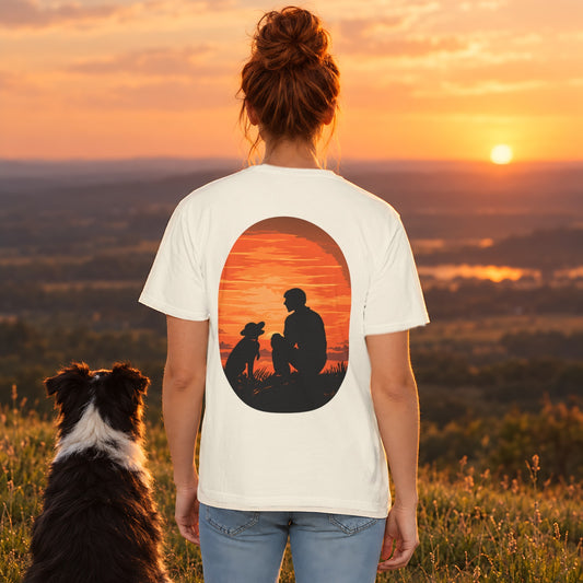 Sunset Companion Tee in Ivory, back view worn by a woman outdoors
