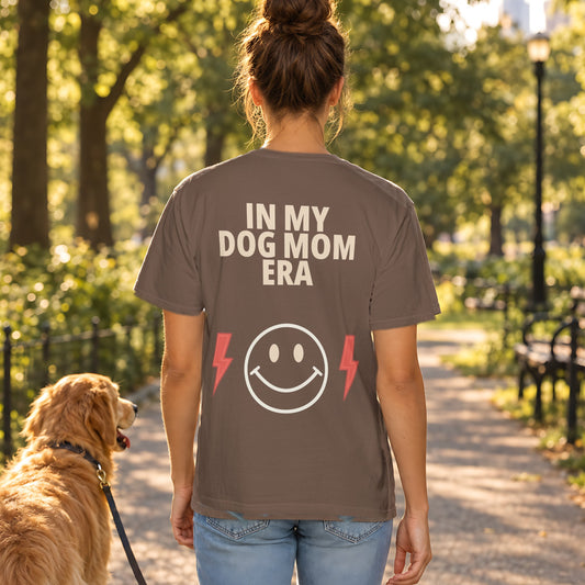 In My Dog Mom Era Tee in Espresso, back view worn by a woman outdoors