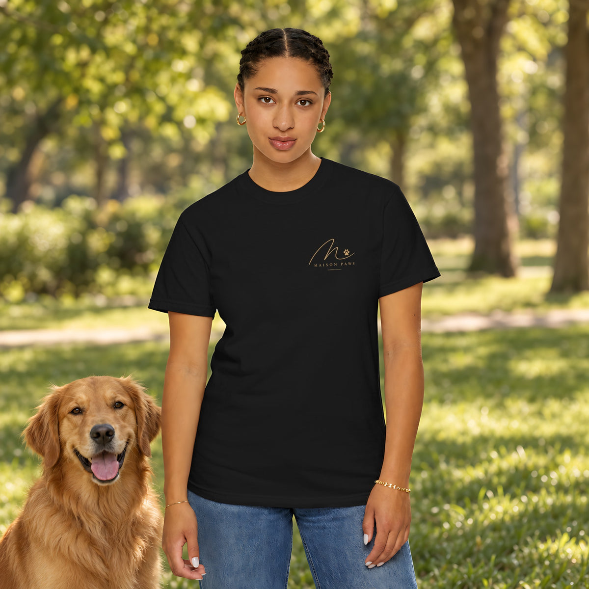 In My Dog Dad Era Tee in Black, front view worn by a woman outdoors