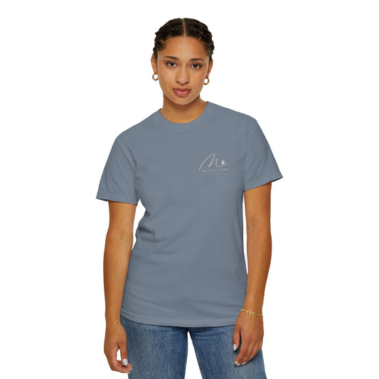Road Trip Crew Tee in Blue Jean, front view worn by a woman in studio