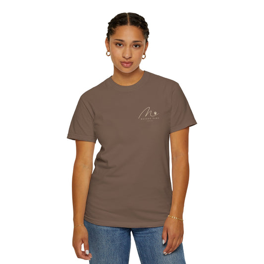 Minimalist Dog Line Art Tee in Espresso, front view worn by a woman in studio