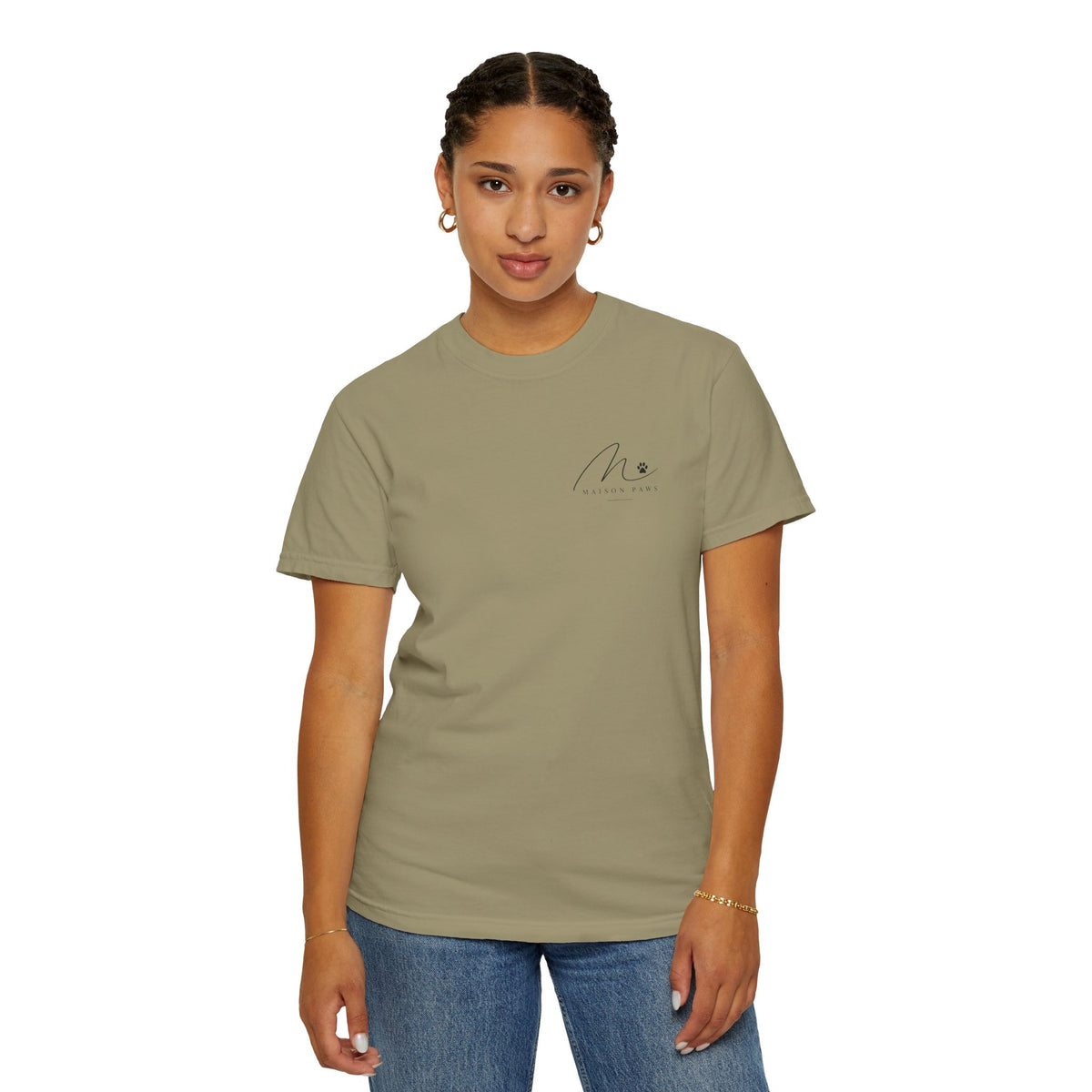 Sorry I Can't, I Have Plans With My Dog Tee in Khaki, front view worn by a woman in studio