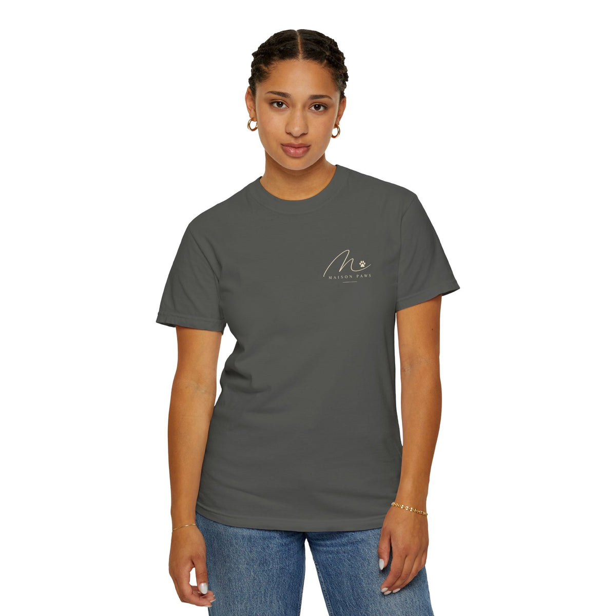 Sunset Companion Tee in Pepper, front view worn by a woman in studio