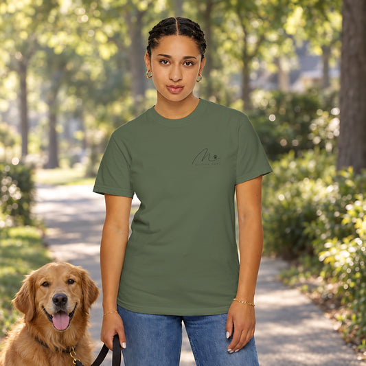 Mental Health Walks Tee in Sage, front view worn by a woman outdoors
