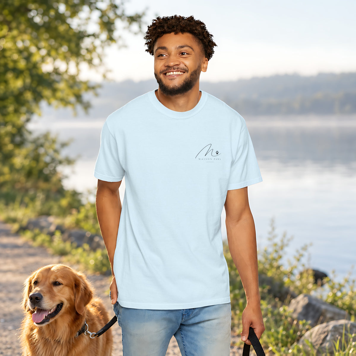Mental Health Walks Tee in Chambray, front view worn by a man outdoors
