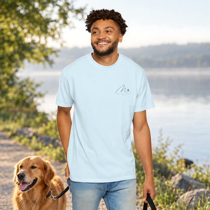 Mental Health Walks Tee in Chambray, front view worn by a man outdoors