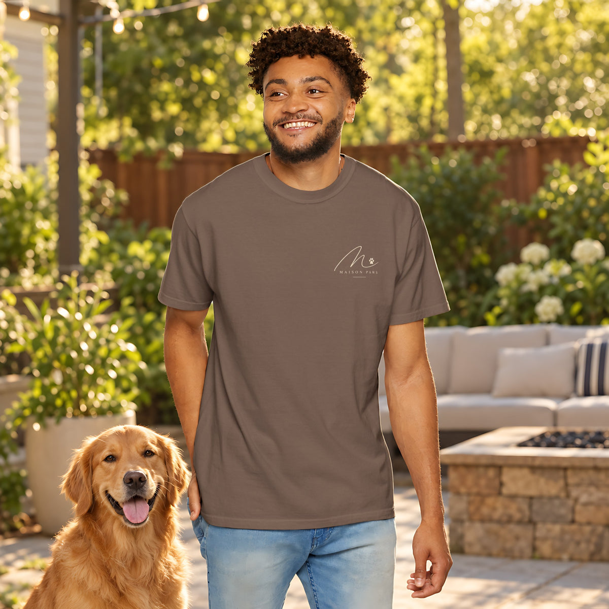 In My Dog Dad Era Tee in Espresso, front view worn by a man outdoors