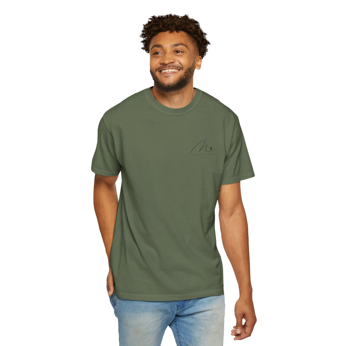 Sorry I Can't, I Have Plans With My Dog Tee in Sage, front view worn by a man in studio