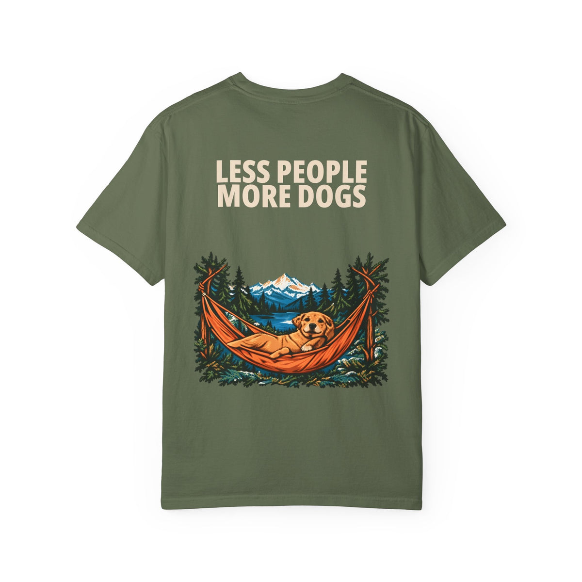 Less People More Dogs Tee in Sage, back view flat lay