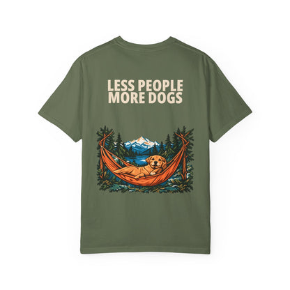 Less People More Dogs Tee in Sage, back view flat lay