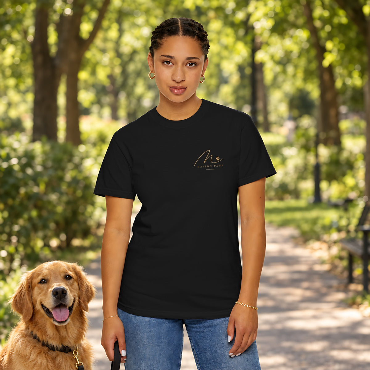 In My Dog Mom Era Tee in Black, front view worn by a woman outdoors