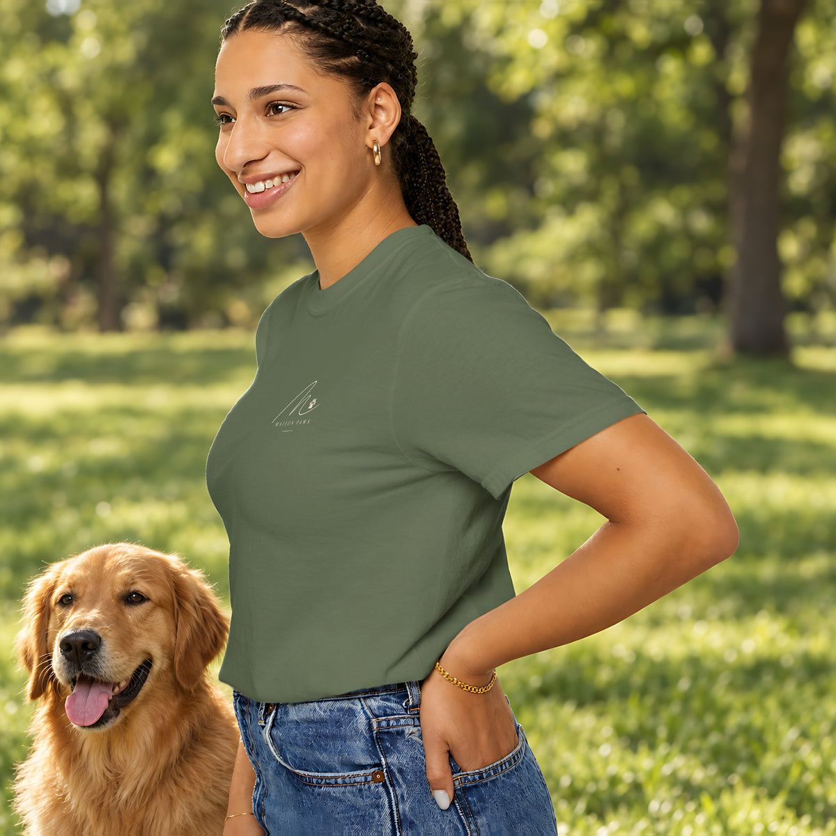 In My Dog Mom Era Tee in Sage, side view worn by a woman outdoors