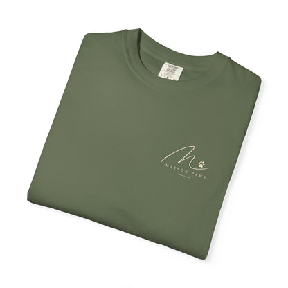 Less People More Dogs Tee in Sage, folded with Maison Paws left-chest logo