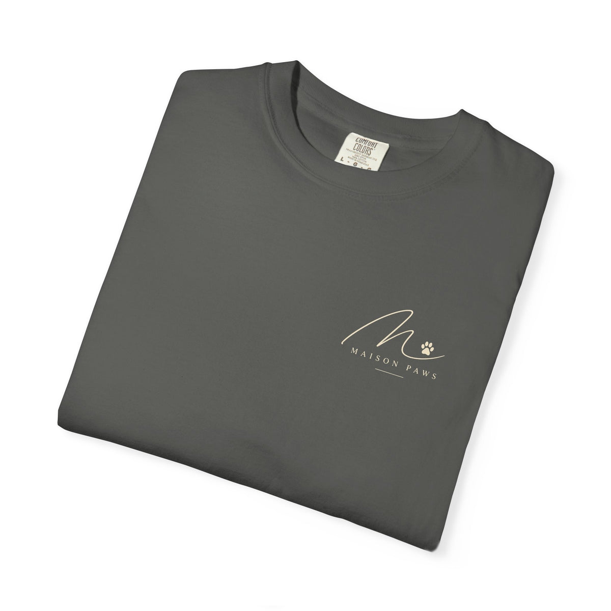 In My Dog Mom Era Tee in Pepper, folded with Maison Paws left-chest logo