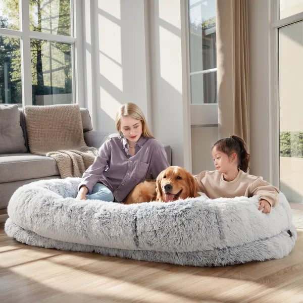 Woman, child and dog sitting together on The Companion Lounger in Silver Mist