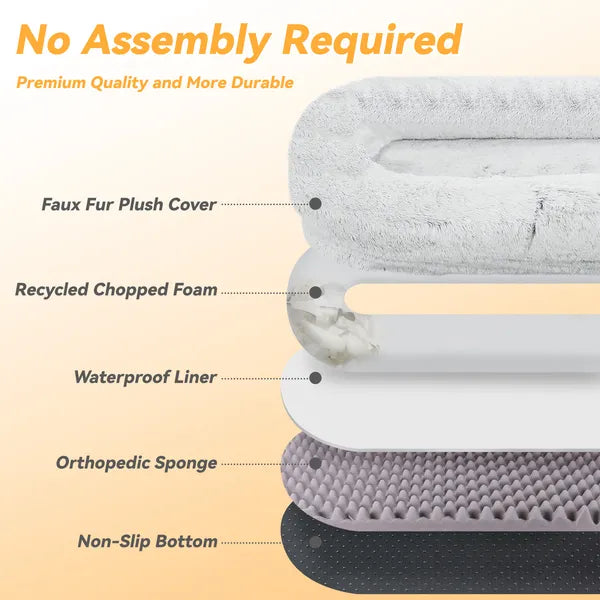 The Companion Lounger layers: faux fur cover, foam filling, liner, sponge and non-slip bottom